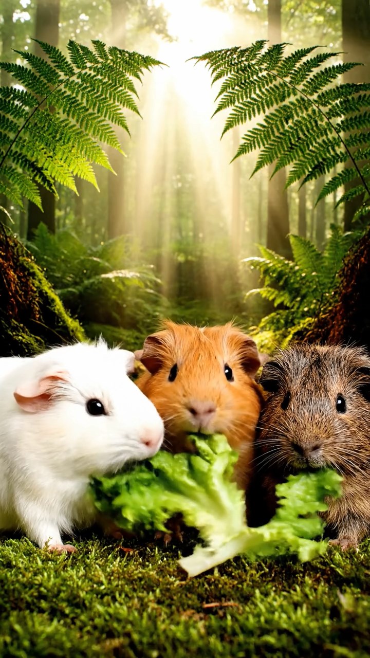 1701. A realistic close-up photo of 3 smooth-haired American guinea pigs with white, orange, and gray fur, eagerly munching on fresh lettuce leaves, in a misty ancient woodland glade with towering ferns and sunlight shafts piercing the canopy.