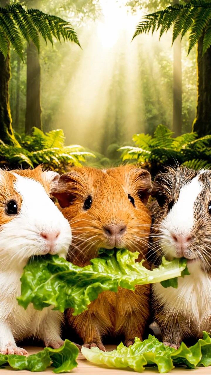 1701. A realistic close-up photo of 3 smooth-haired American guinea pigs with white, orange, and gray fur, eagerly munching on fresh lettuce leaves, in a misty ancient woodland glade with towering ferns and sunlight shafts piercing the canopy.