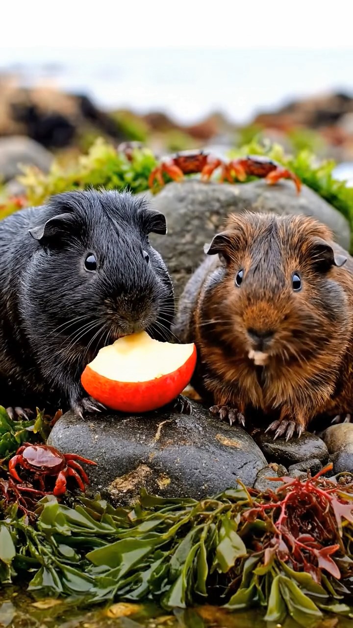 1702. Highly detailed realistic image of 2 smooth-haired Abyssinian guinea pigs featuring black and brown coats, nibbling on apple slices, on a rocky tidal pool shore with seaweed and crabs scuttling under overcast skies.