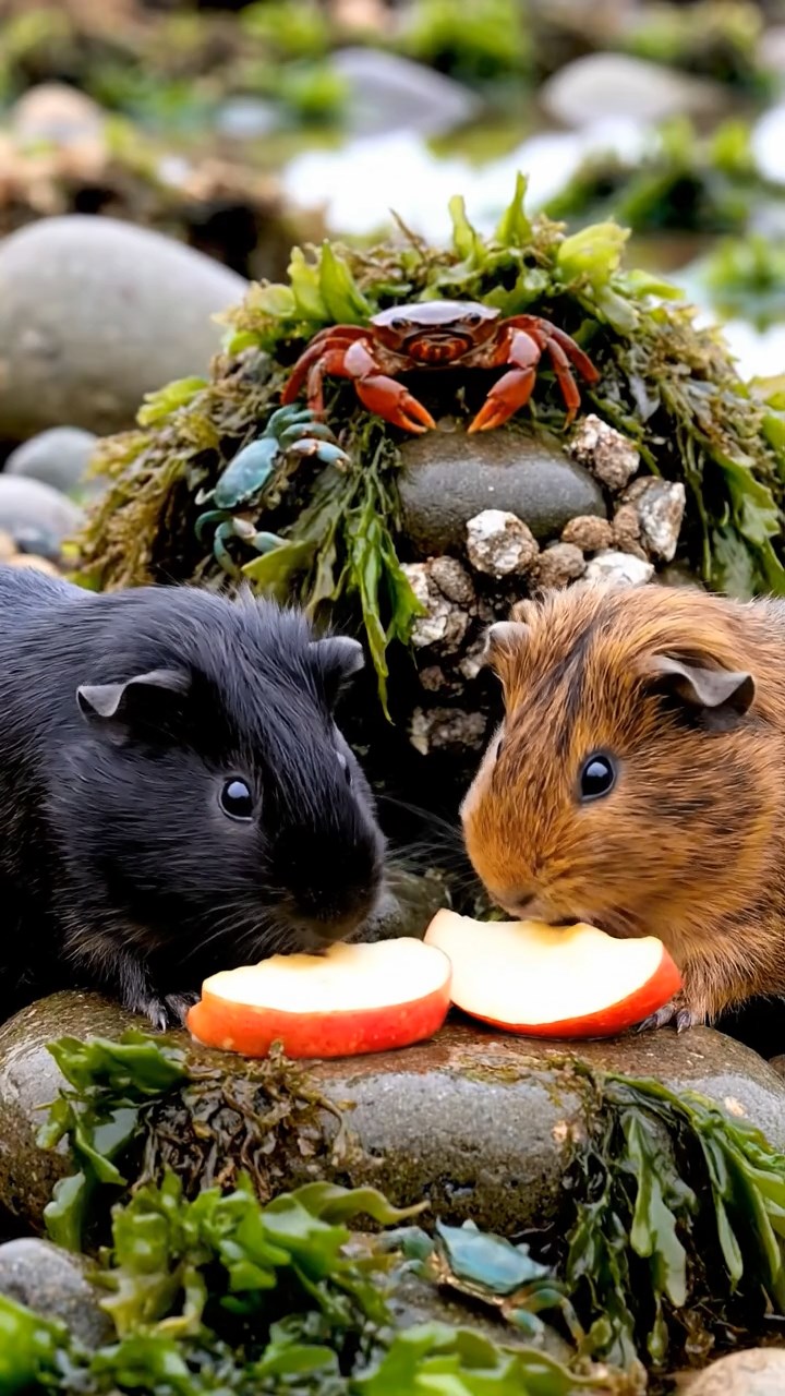 1702. Highly detailed realistic image of 2 smooth-haired Abyssinian guinea pigs featuring black and brown coats, nibbling on apple slices, on a rocky tidal pool shore with seaweed and crabs scuttling under overcast skies.