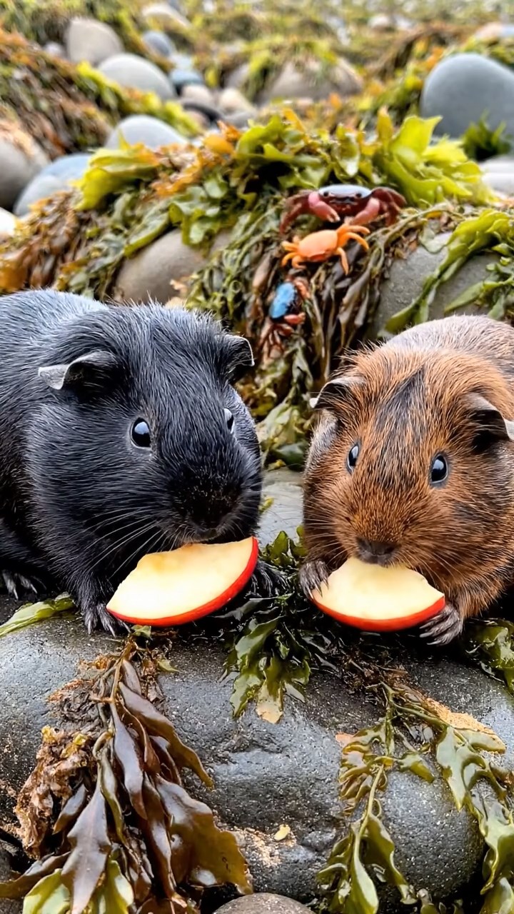 1702. Highly detailed realistic image of 2 smooth-haired Abyssinian guinea pigs featuring black and brown coats, nibbling on apple slices, on a rocky tidal pool shore with seaweed and crabs scuttling under overcast skies.