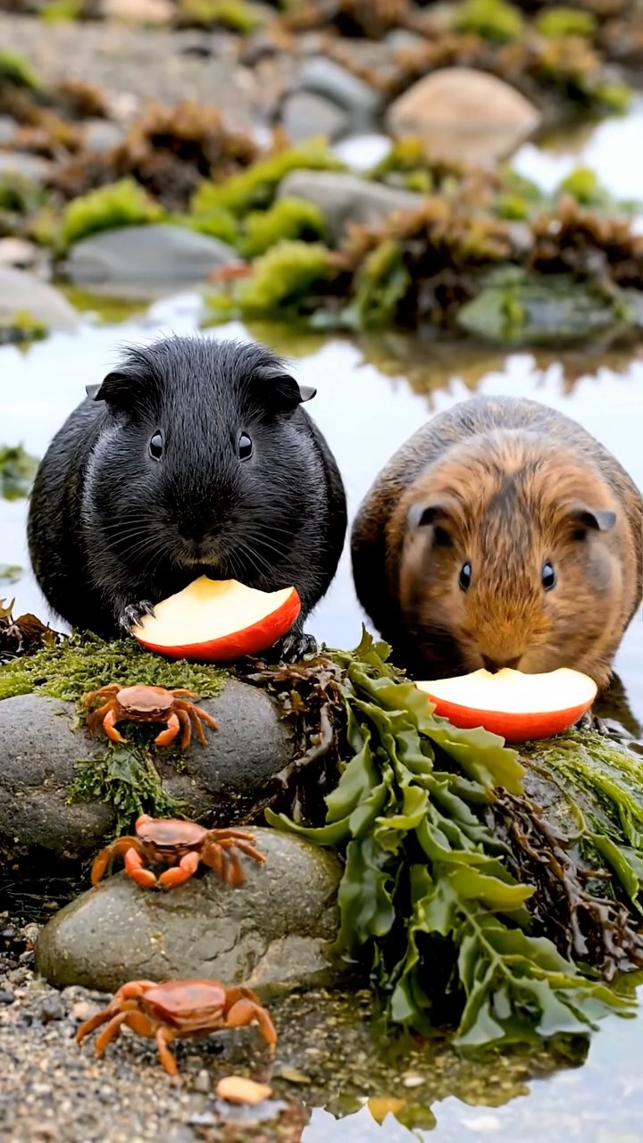 1702. Highly detailed realistic image of 2 smooth-haired Abyssinian guinea pigs featuring black and brown coats, nibbling on apple slices, on a rocky tidal pool shore with seaweed and crabs scuttling under overcast skies.