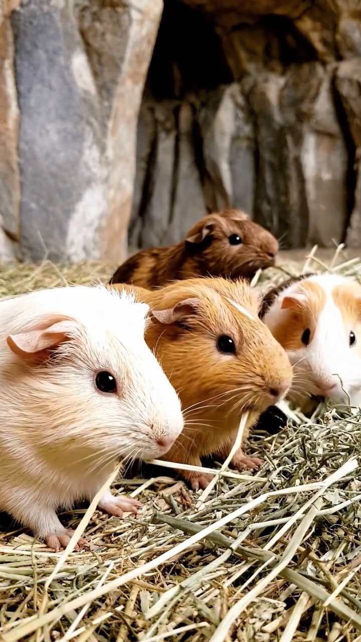 1703. Photorealistic scene of 4 smooth-haired Peruvian guinea pigs with cream, fawn, and chocolate fur, eating dried timothy hay, inside a echoing granite quarry cave with jagged walls and distant machinery hum.