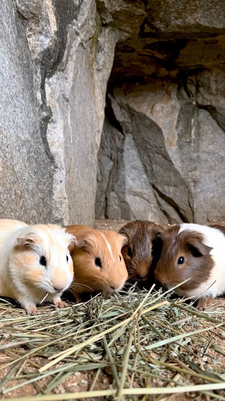 1703. Photorealistic scene of 4 smooth-haired Peruvian guinea pigs with cream, fawn, and chocolate fur, eating dried timothy hay, inside a echoing granite quarry cave with jagged walls and distant machinery hum.