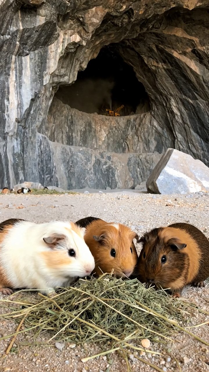 1703. Photorealistic scene of 4 smooth-haired Peruvian guinea pigs with cream, fawn, and chocolate fur, eating dried timothy hay, inside a echoing granite quarry cave with jagged walls and distant machinery hum.