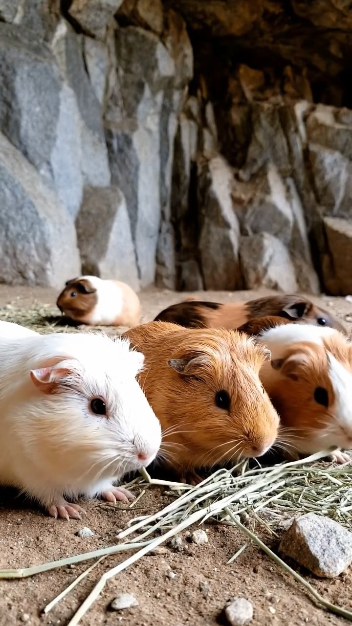 1703. Photorealistic scene of 4 smooth-haired Peruvian guinea pigs with cream, fawn, and chocolate fur, eating dried timothy hay, inside a echoing granite quarry cave with jagged walls and distant machinery hum.
