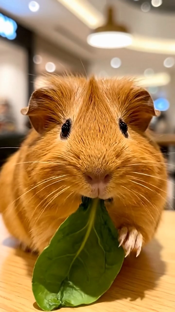 1704. Realistic depiction of 1 smooth-haired Silkie guinea pig with cinnamon fur, chewing on spinach leaves, in a upscale mall food hall with polished tables and ambient chatter.