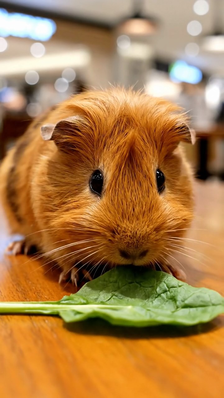 1704. Realistic depiction of 1 smooth-haired Silkie guinea pig with cinnamon fur, chewing on spinach leaves, in a upscale mall food hall with polished tables and ambient chatter.