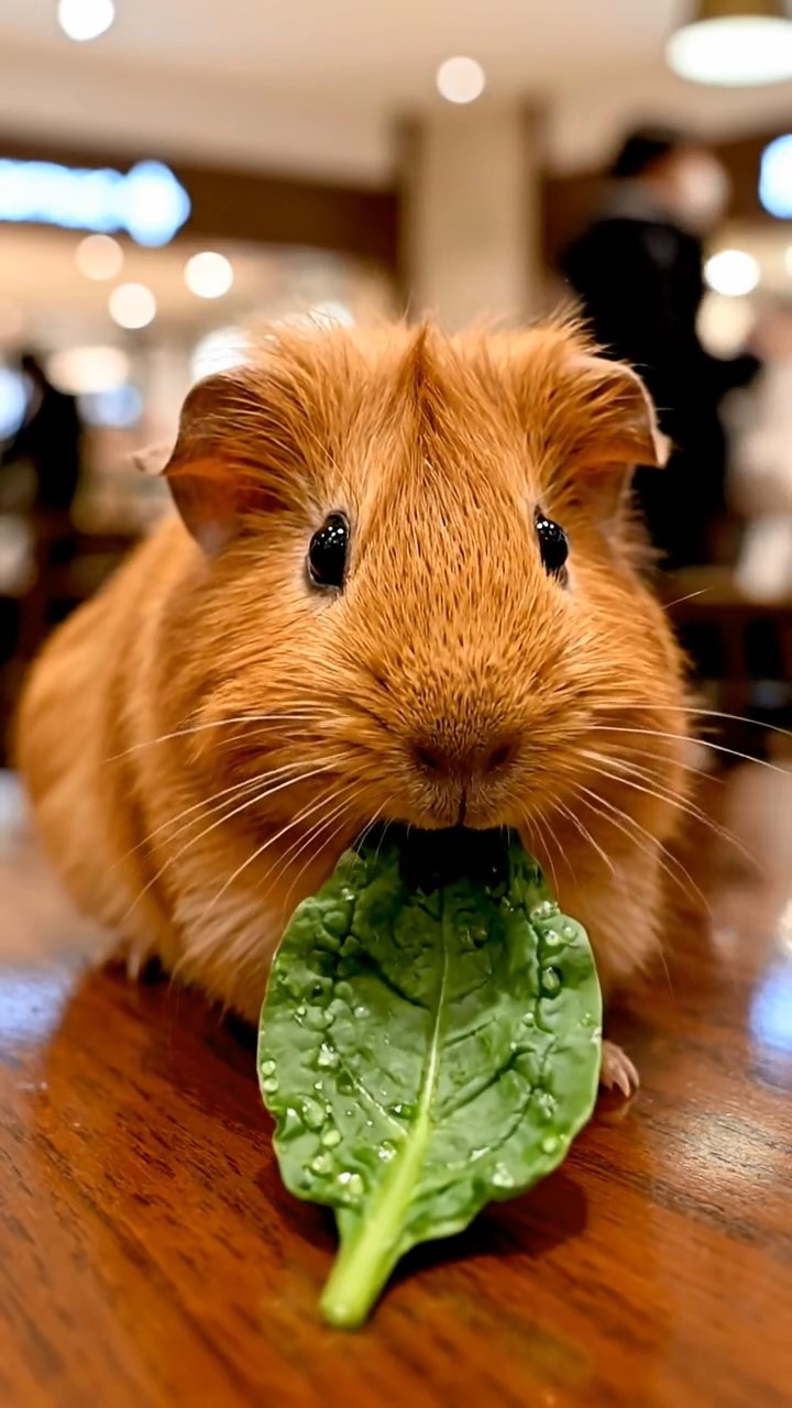 1704. Realistic depiction of 1 smooth-haired Silkie guinea pig with cinnamon fur, chewing on spinach leaves, in a upscale mall food hall with polished tables and ambient chatter.
