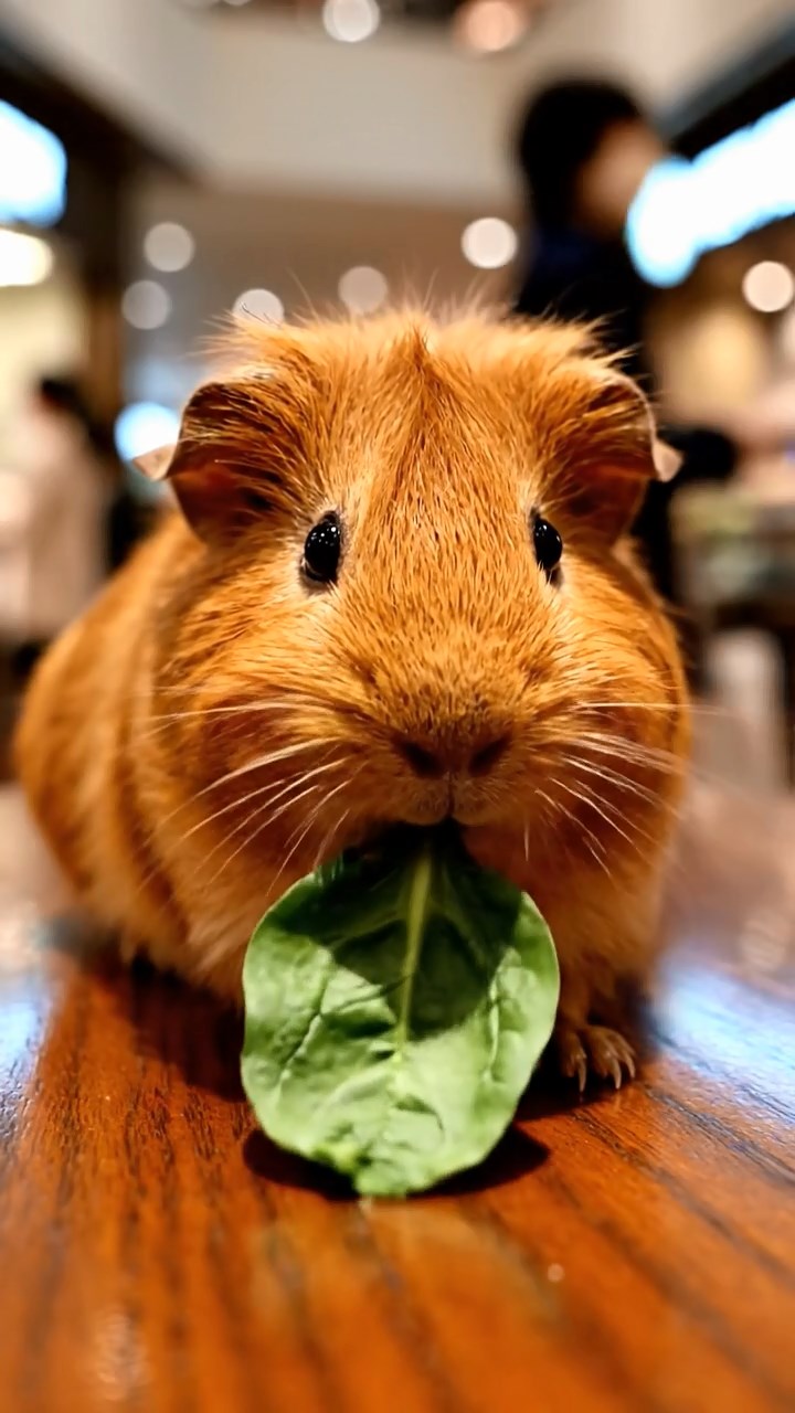 1704. Realistic depiction of 1 smooth-haired Silkie guinea pig with cinnamon fur, chewing on spinach leaves, in a upscale mall food hall with polished tables and ambient chatter.