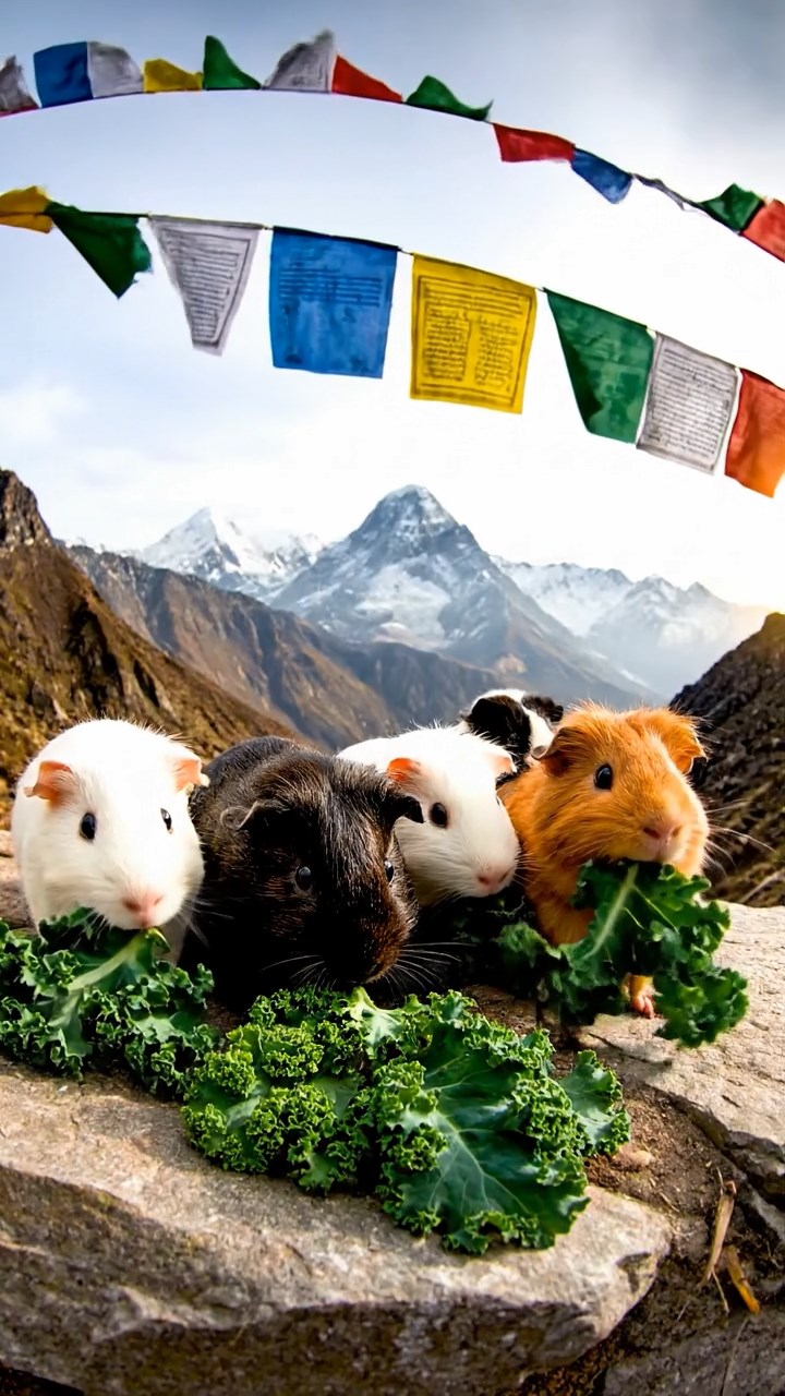 1705. Detailed realistic photo of 5 smooth-haired Teddy guinea pigs in sable, white, and orange colors, sharing kale greens, on a steep Himalayan trail ledge with prayer flags fluttering in the wind.