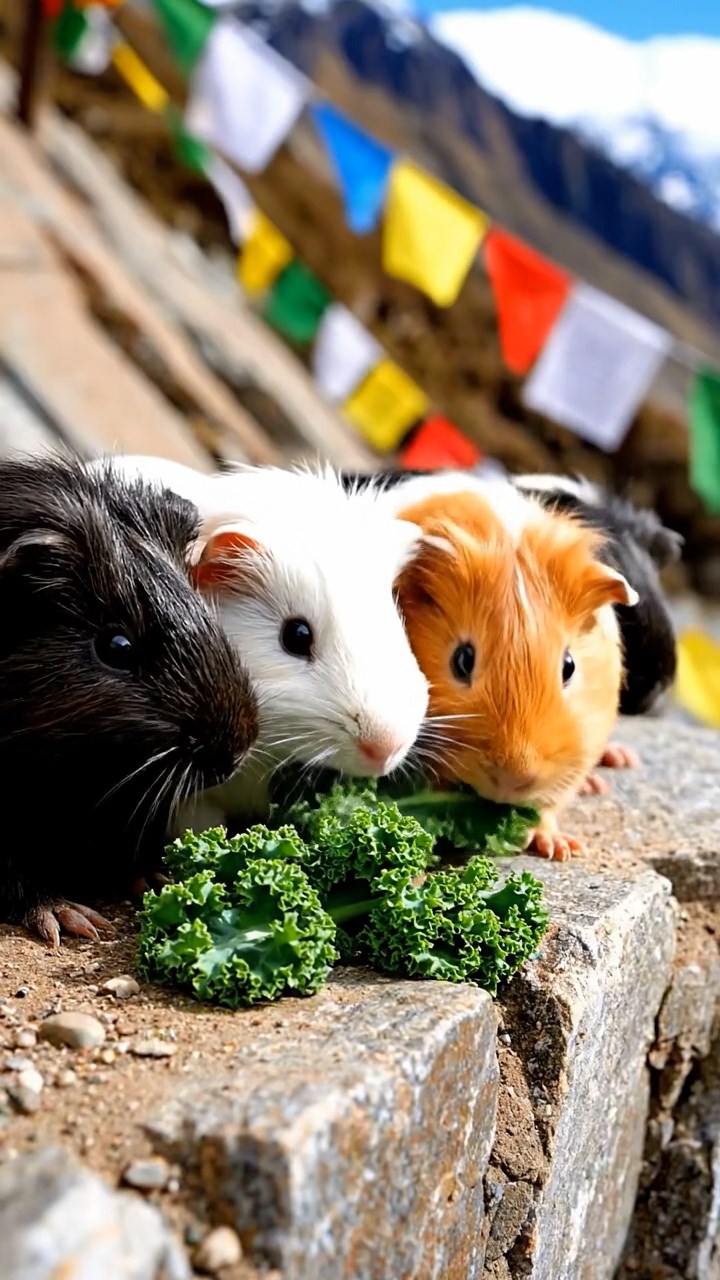 1705. Detailed realistic photo of 5 smooth-haired Teddy guinea pigs in sable, white, and orange colors, sharing kale greens, on a steep Himalayan trail ledge with prayer flags fluttering in the wind.