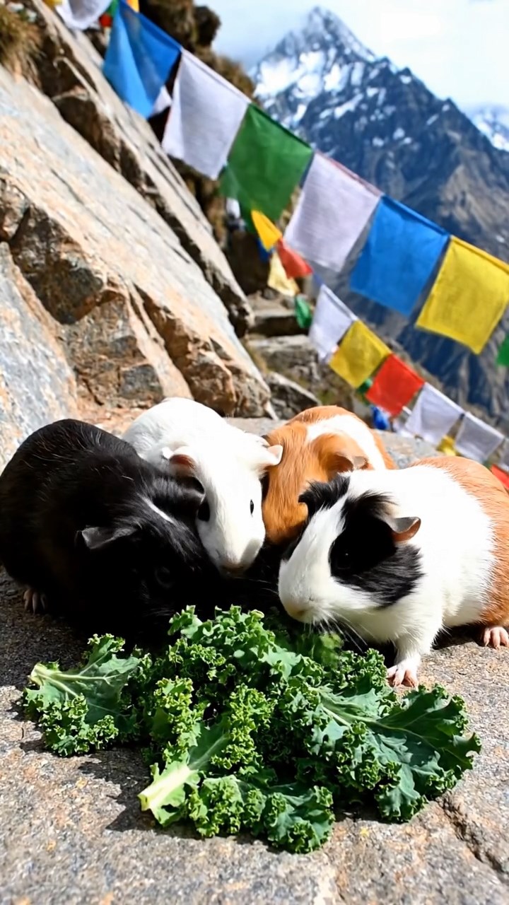 1705. Detailed realistic photo of 5 smooth-haired Teddy guinea pigs in sable, white, and orange colors, sharing kale greens, on a steep Himalayan trail ledge with prayer flags fluttering in the wind.
