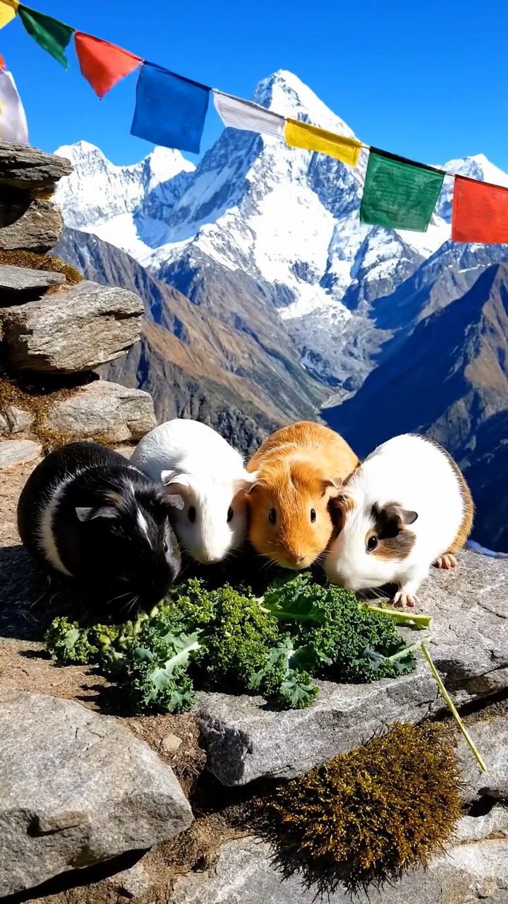 1705. Detailed realistic photo of 5 smooth-haired Teddy guinea pigs in sable, white, and orange colors, sharing kale greens, on a steep Himalayan trail ledge with prayer flags fluttering in the wind.