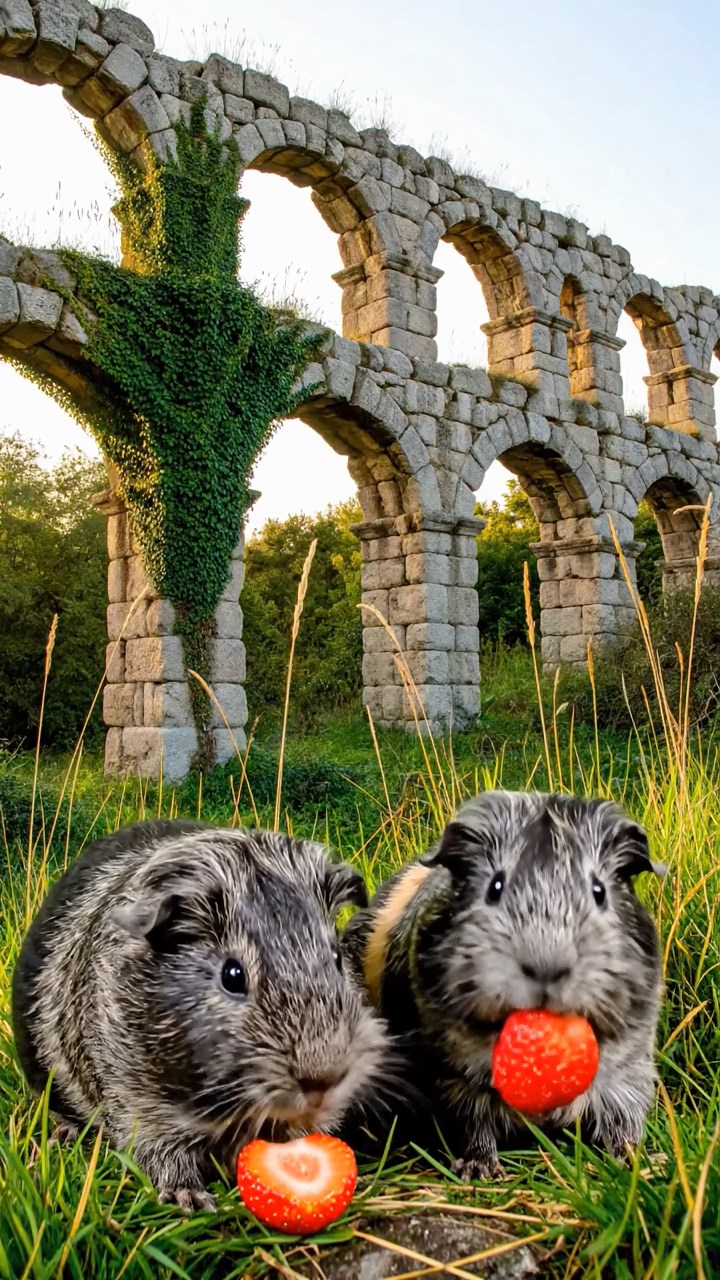 1706. Photorealistic view of 2 smooth-haired Texel guinea pigs with gray and black fur, enjoying strawberry halves, amid crumbling Roman aqueduct ruins with ivy and wild grasses.