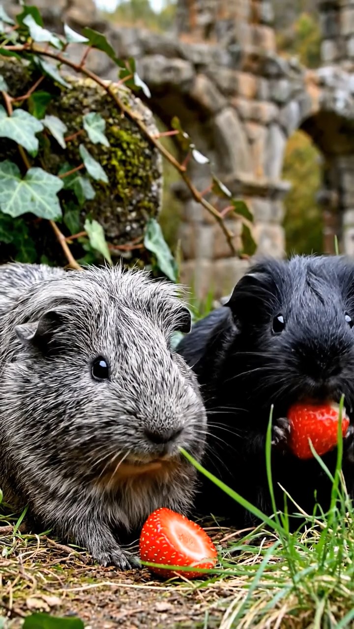 1706. Photorealistic view of 2 smooth-haired Texel guinea pigs with gray and black fur, enjoying strawberry halves, amid crumbling Roman aqueduct ruins with ivy and wild grasses.