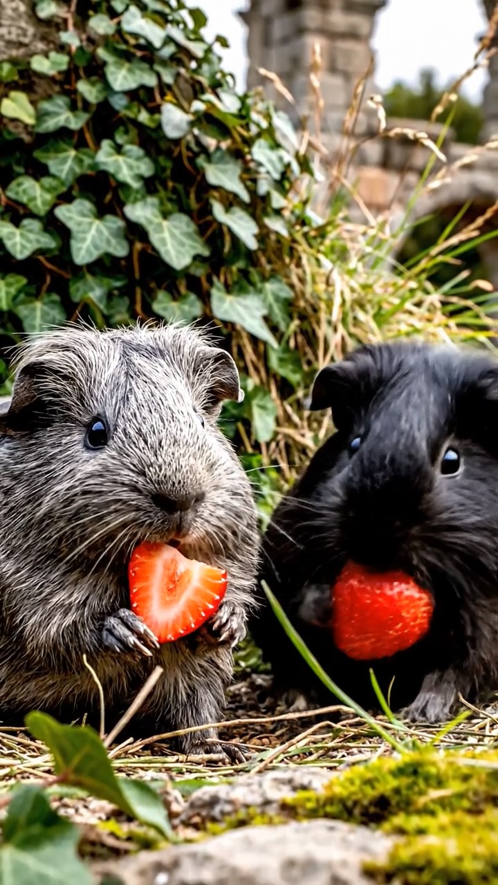 1706. Photorealistic view of 2 smooth-haired Texel guinea pigs with gray and black fur, enjoying strawberry halves, amid crumbling Roman aqueduct ruins with ivy and wild grasses.