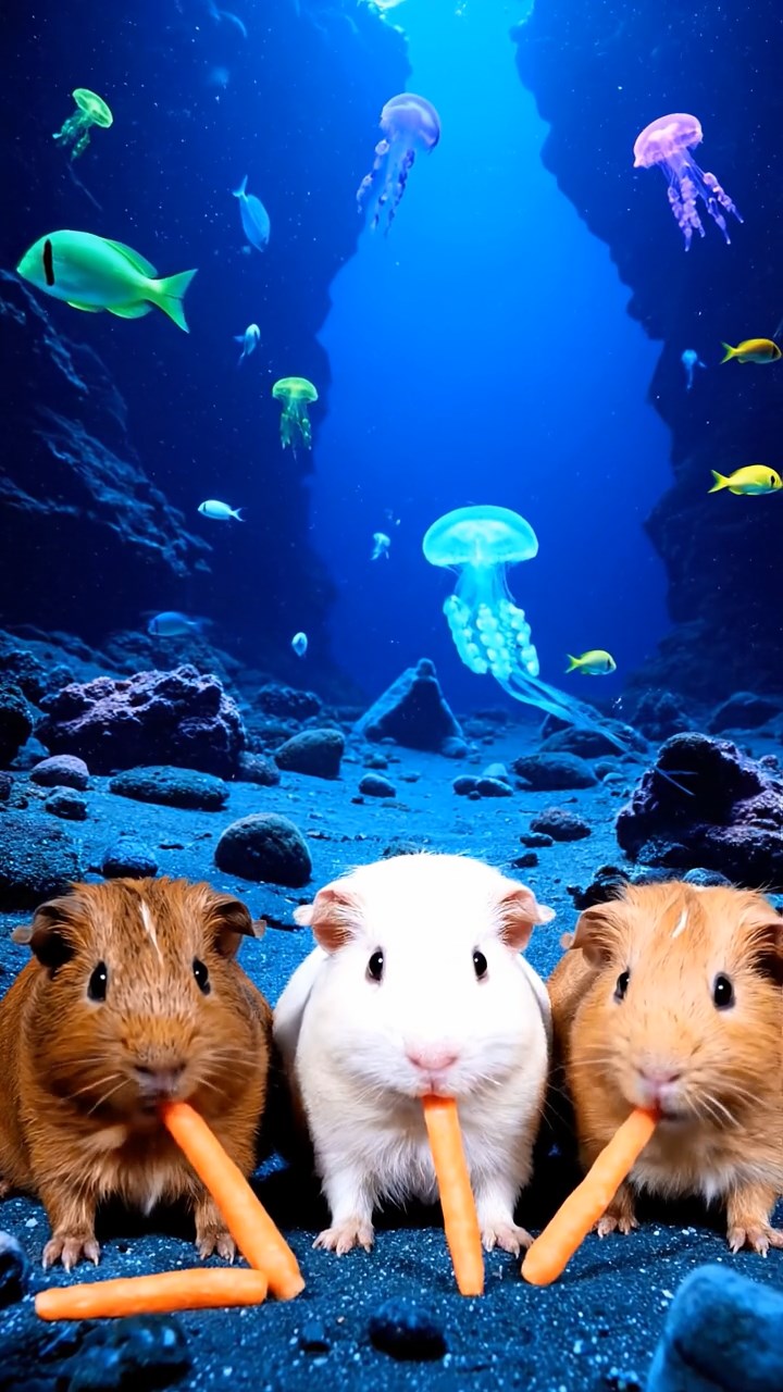 1707. Realistic image of 3 smooth-haired Rex guinea pigs featuring brown, cream, and fawn coats, munching on carrot sticks, in a deep blue ocean trench with glowing deep-sea creatures.
