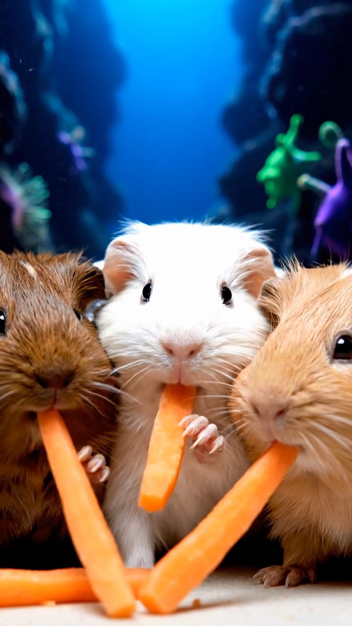 1707. Realistic image of 3 smooth-haired Rex guinea pigs featuring brown, cream, and fawn coats, munching on carrot sticks, in a deep blue ocean trench with glowing deep-sea creatures.