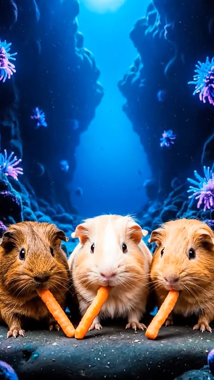 1707. Realistic image of 3 smooth-haired Rex guinea pigs featuring brown, cream, and fawn coats, munching on carrot sticks, in a deep blue ocean trench with glowing deep-sea creatures.