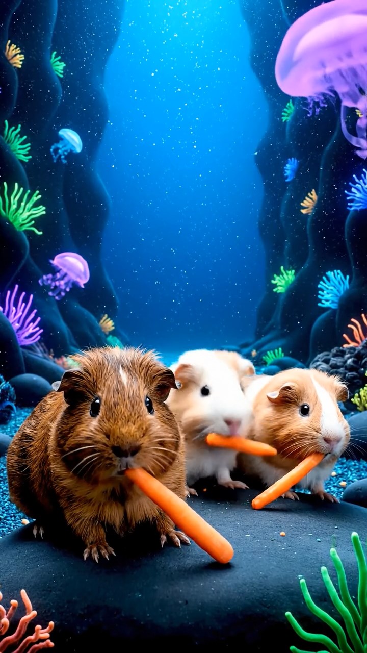 1707. Realistic image of 3 smooth-haired Rex guinea pigs featuring brown, cream, and fawn coats, munching on carrot sticks, in a deep blue ocean trench with glowing deep-sea creatures.