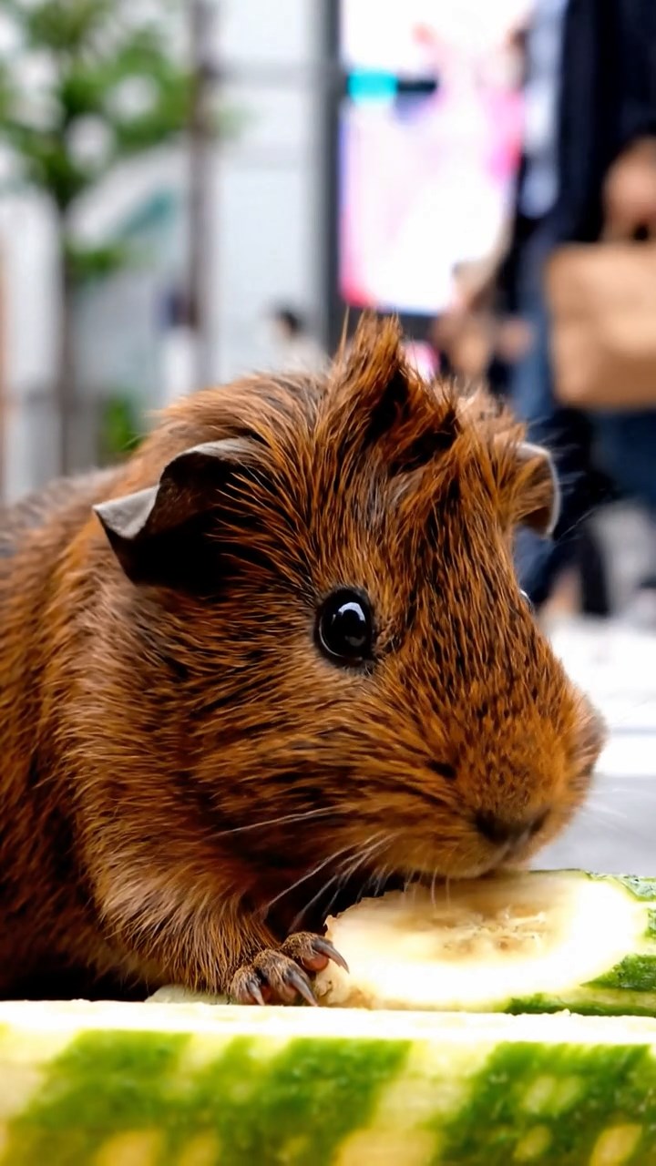 1708. Highly detailed scene of 1 smooth-haired Coronet guinea pig with chocolate fur, nibbling on banana slices, on a pedestrian-filled urban crosswalk with traffic lights and billboards.