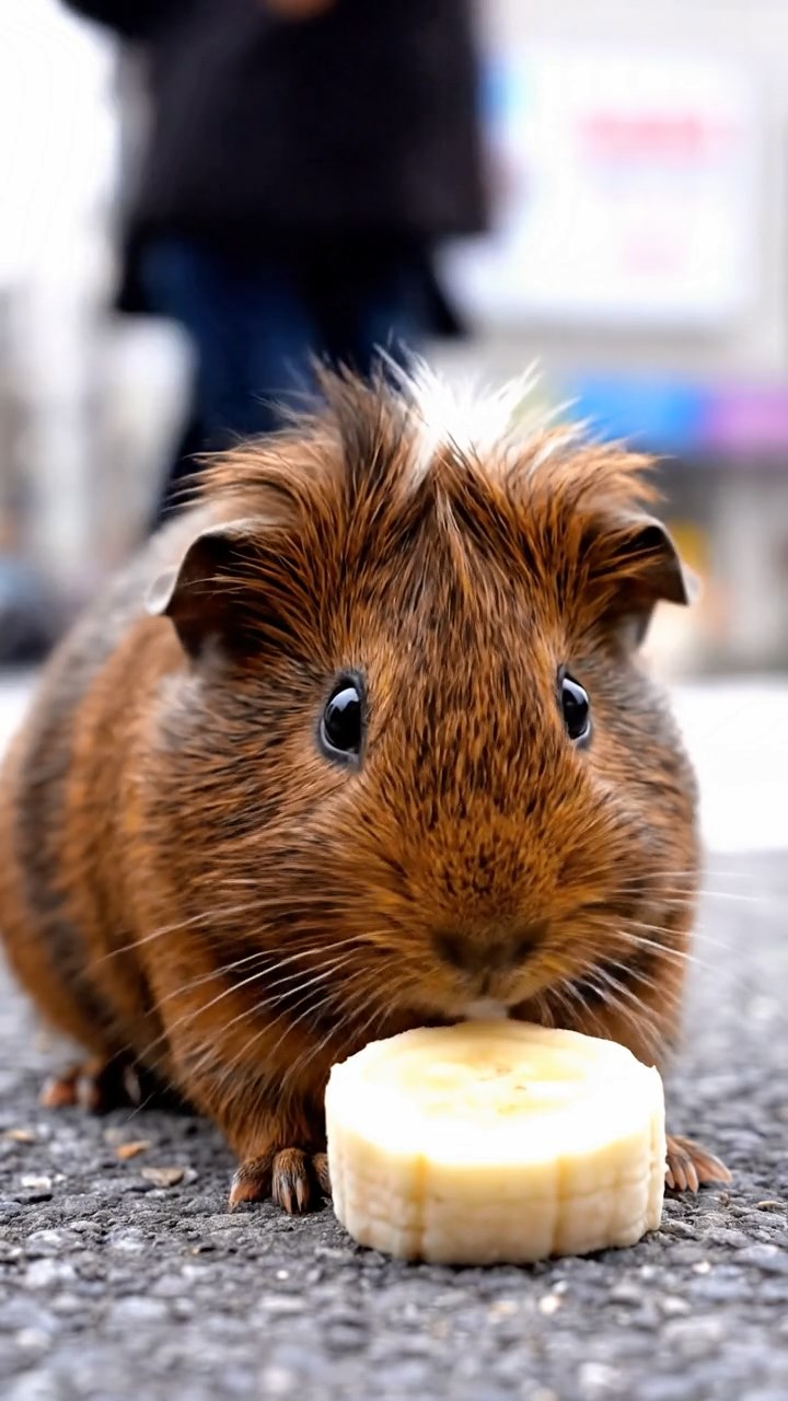 1708. Highly detailed scene of 1 smooth-haired Coronet guinea pig with chocolate fur, nibbling on banana slices, on a pedestrian-filled urban crosswalk with traffic lights and billboards.