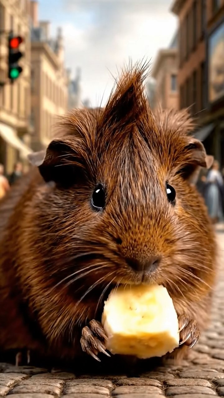 1708. Highly detailed scene of 1 smooth-haired Coronet guinea pig with chocolate fur, nibbling on banana slices, on a pedestrian-filled urban crosswalk with traffic lights and billboards.