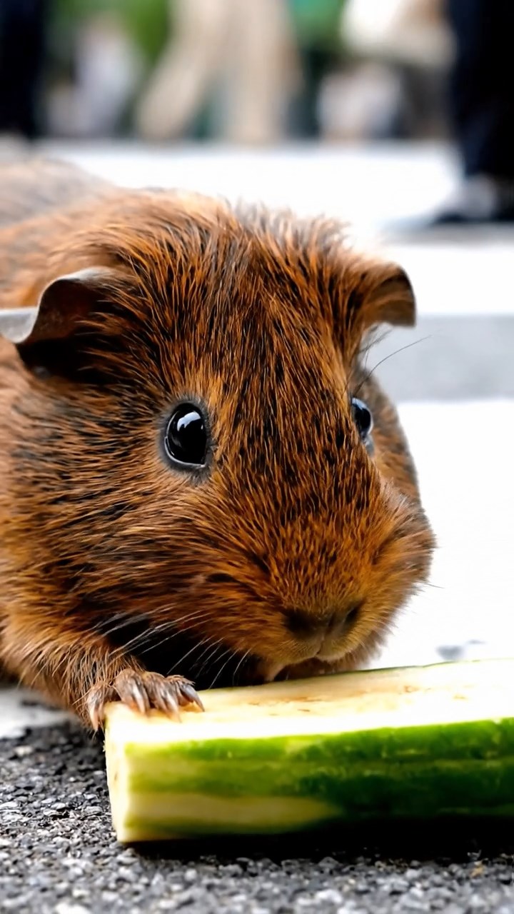 1708. Highly detailed scene of 1 smooth-haired Coronet guinea pig with chocolate fur, nibbling on banana slices, on a pedestrian-filled urban crosswalk with traffic lights and billboards.