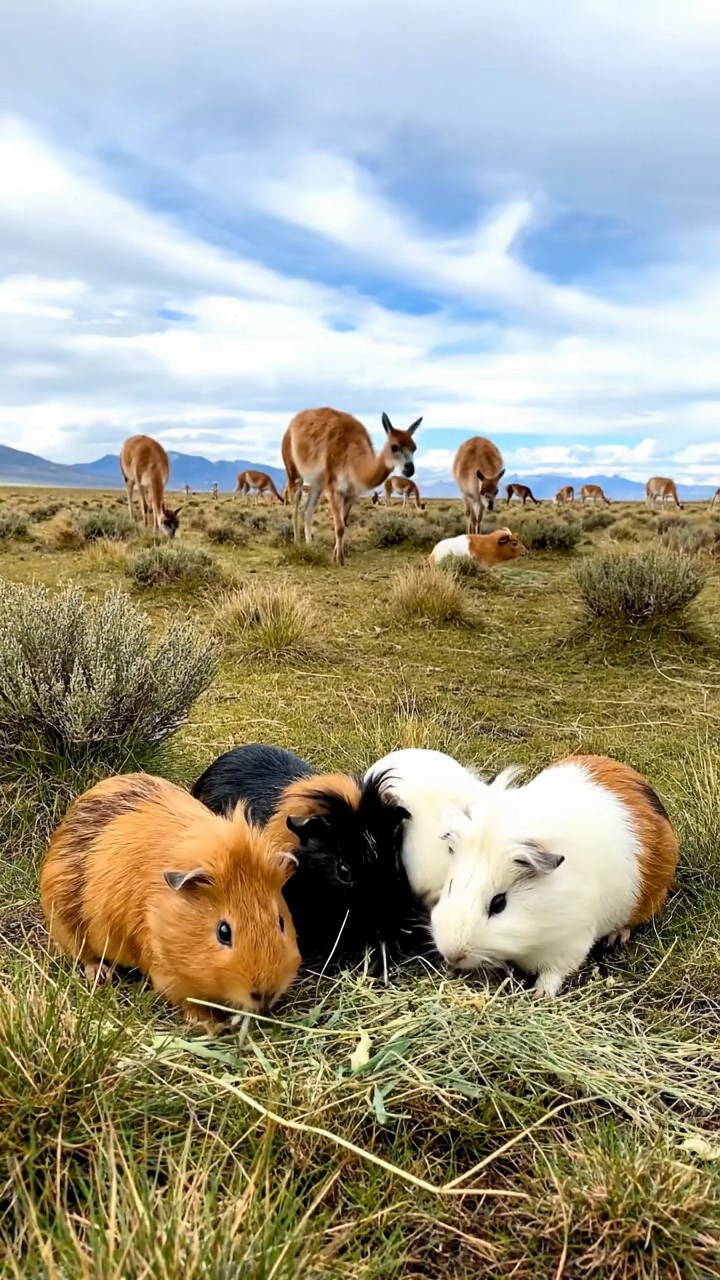 1709. Photorealistic photo of 4 smooth-haired White Crested guinea pigs with cinnamon, sable, and white fur, eating alfalfa hay, in a windswept Patagonian steppe with guanacos grazing.