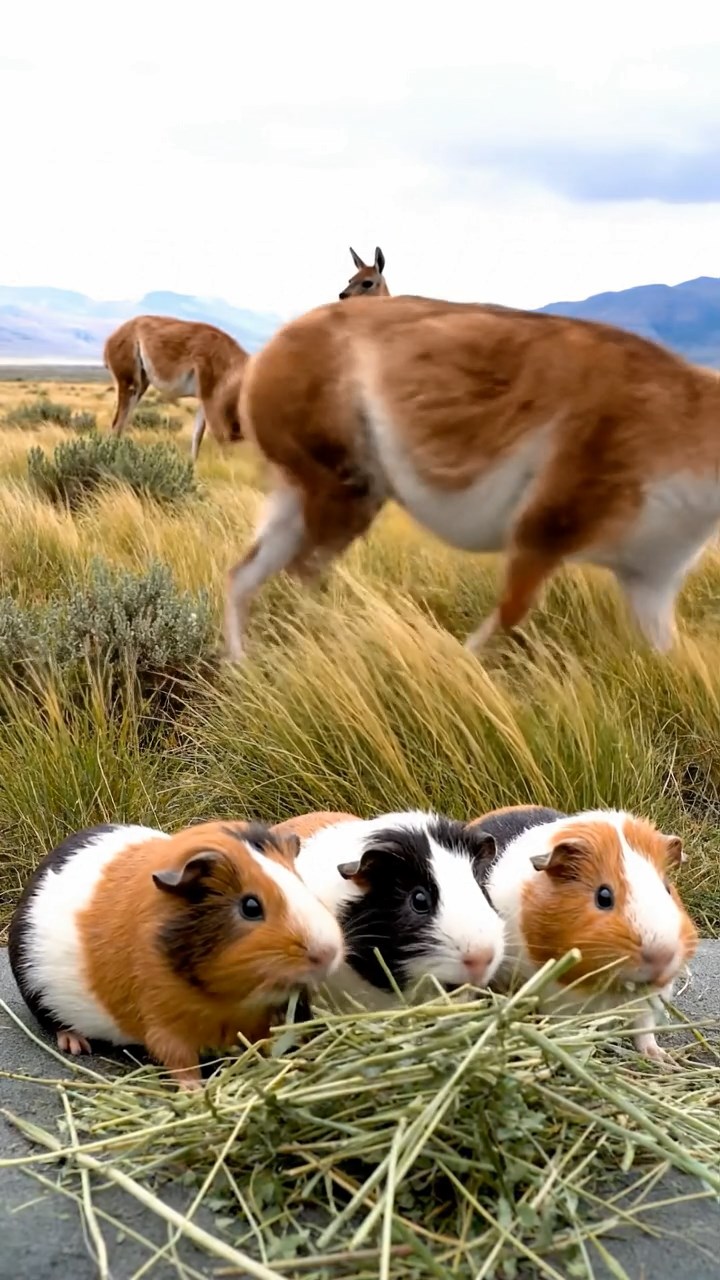 1709. Photorealistic photo of 4 smooth-haired White Crested guinea pigs with cinnamon, sable, and white fur, eating alfalfa hay, in a windswept Patagonian steppe with guanacos grazing.