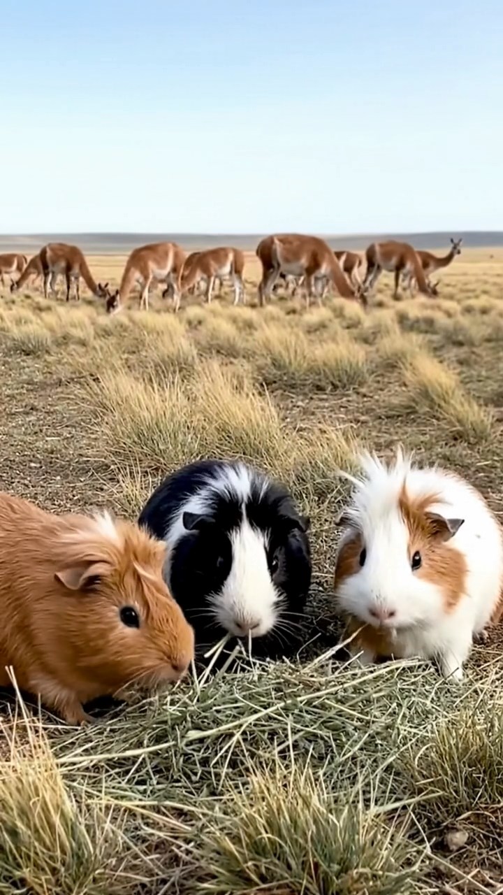 1709. Photorealistic photo of 4 smooth-haired White Crested guinea pigs with cinnamon, sable, and white fur, eating alfalfa hay, in a windswept Patagonian steppe with guanacos grazing.