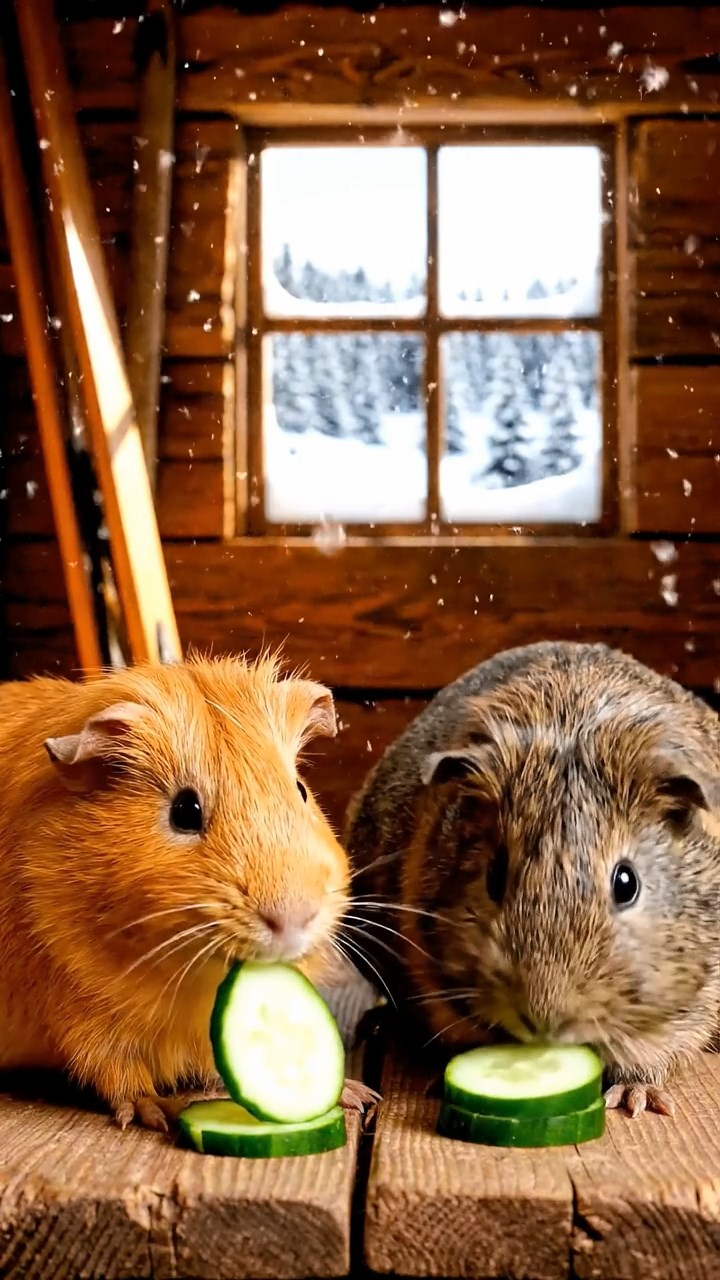 1710. Realistic depiction of 2 smooth-haired Skinny guinea pigs in orange and gray colors, chewing on cucumber slices, inside a rustic ski hut with wooden skis and snowy windows.