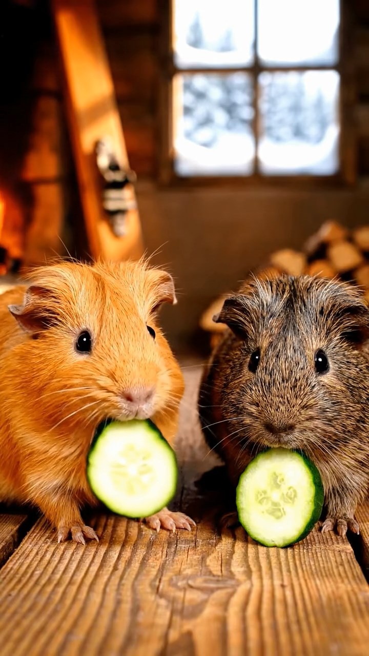1710. Realistic depiction of 2 smooth-haired Skinny guinea pigs in orange and gray colors, chewing on cucumber slices, inside a rustic ski hut with wooden skis and snowy windows.