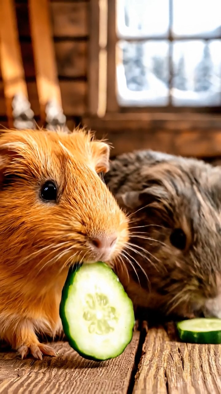 1710. Realistic depiction of 2 smooth-haired Skinny guinea pigs in orange and gray colors, chewing on cucumber slices, inside a rustic ski hut with wooden skis and snowy windows.
