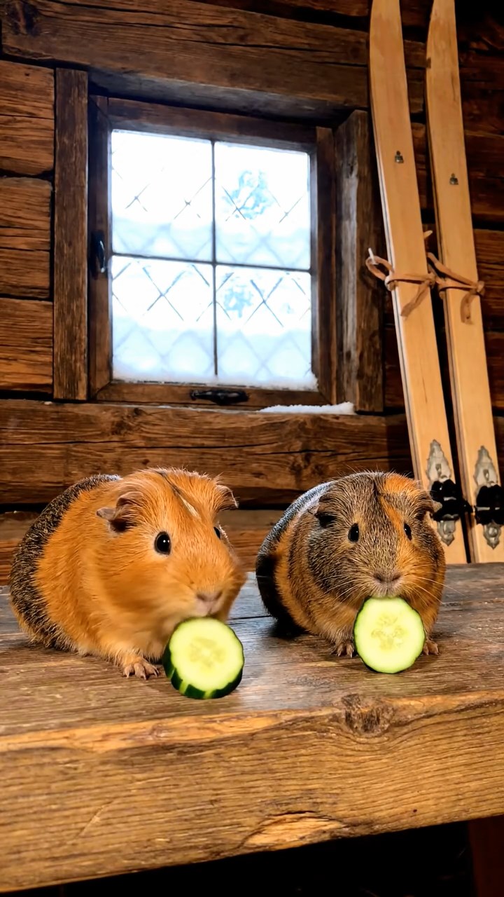 1710. Realistic depiction of 2 smooth-haired Skinny guinea pigs in orange and gray colors, chewing on cucumber slices, inside a rustic ski hut with wooden skis and snowy windows.
