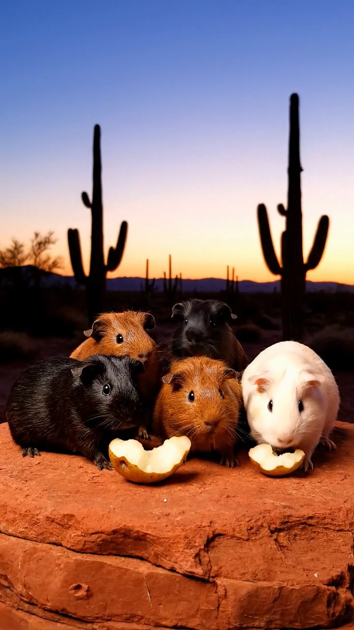 1711. Detailed realistic image of 5 smooth-haired American guinea pigs with black, brown, and cream fur, sharing pear chunks, on a red rock desert butte with cactus silhouettes at dusk.
