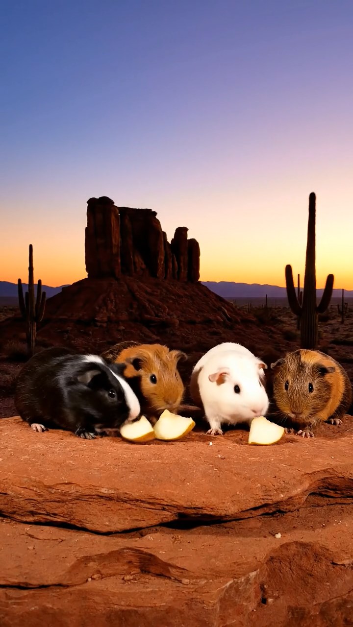 1711. Detailed realistic image of 5 smooth-haired American guinea pigs with black, brown, and cream fur, sharing pear chunks, on a red rock desert butte with cactus silhouettes at dusk.
