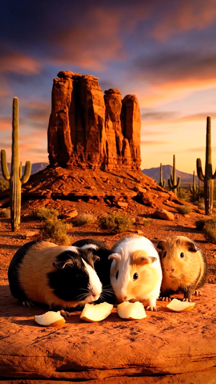 1711. Detailed realistic image of 5 smooth-haired American guinea pigs with black, brown, and cream fur, sharing pear chunks, on a red rock desert butte with cactus silhouettes at dusk.