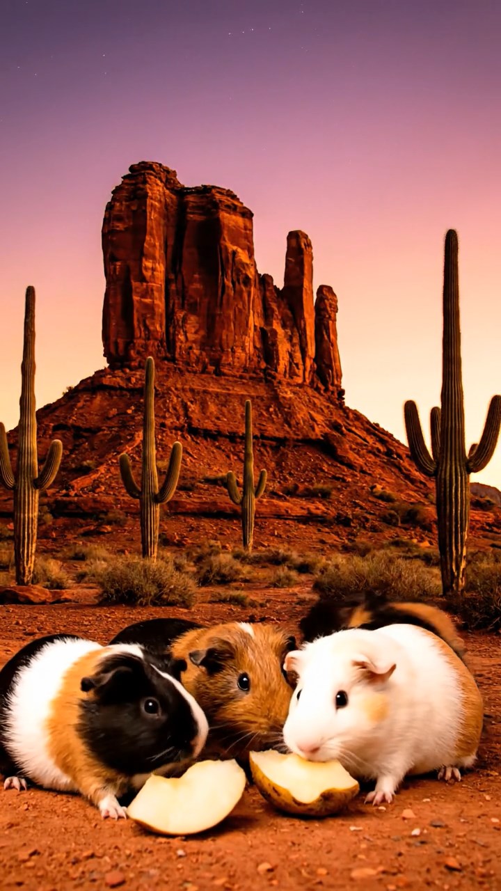 1711. Detailed realistic image of 5 smooth-haired American guinea pigs with black, brown, and cream fur, sharing pear chunks, on a red rock desert butte with cactus silhouettes at dusk.