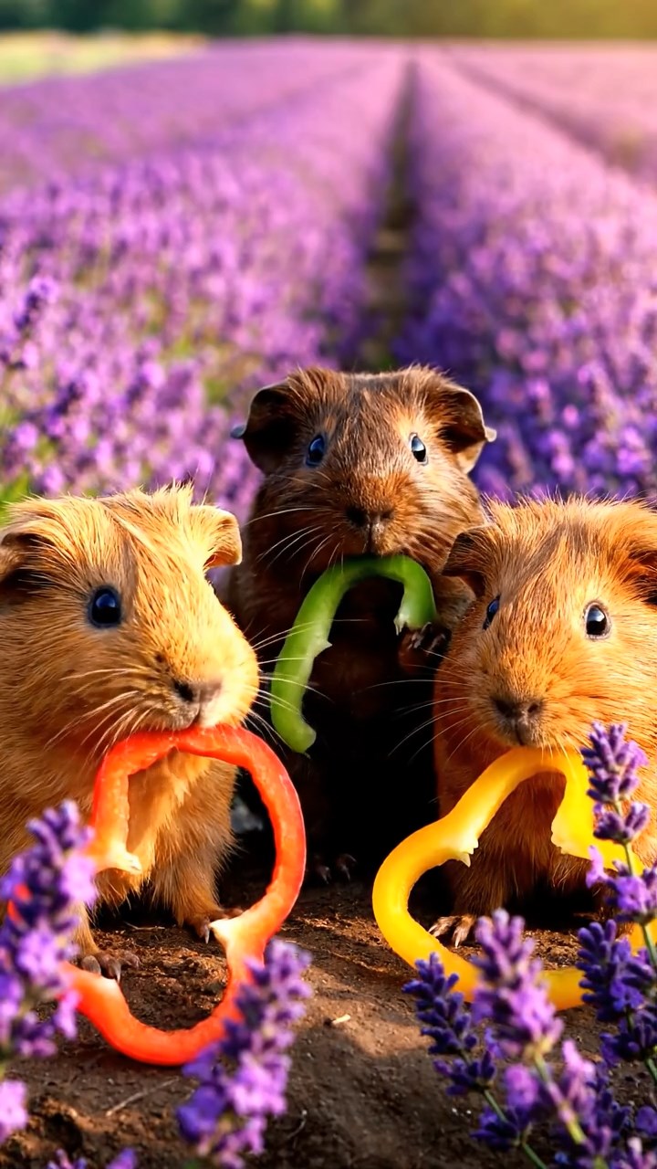 1712. Photorealistic scene of 3 smooth-haired Abyssinian guinea pigs featuring fawn, chocolate, and cinnamon coats, munching on bell pepper strips, in a vibrant lavender field with rows of purple blooms.