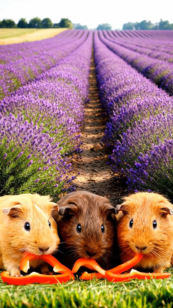1712. Photorealistic scene of 3 smooth-haired Abyssinian guinea pigs featuring fawn, chocolate, and cinnamon coats, munching on bell pepper strips, in a vibrant lavender field with rows of purple blooms.
