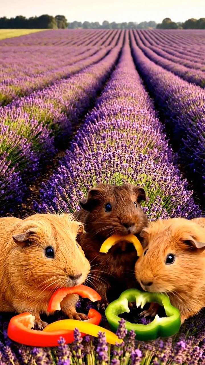 1712. Photorealistic scene of 3 smooth-haired Abyssinian guinea pigs featuring fawn, chocolate, and cinnamon coats, munching on bell pepper strips, in a vibrant lavender field with rows of purple blooms.