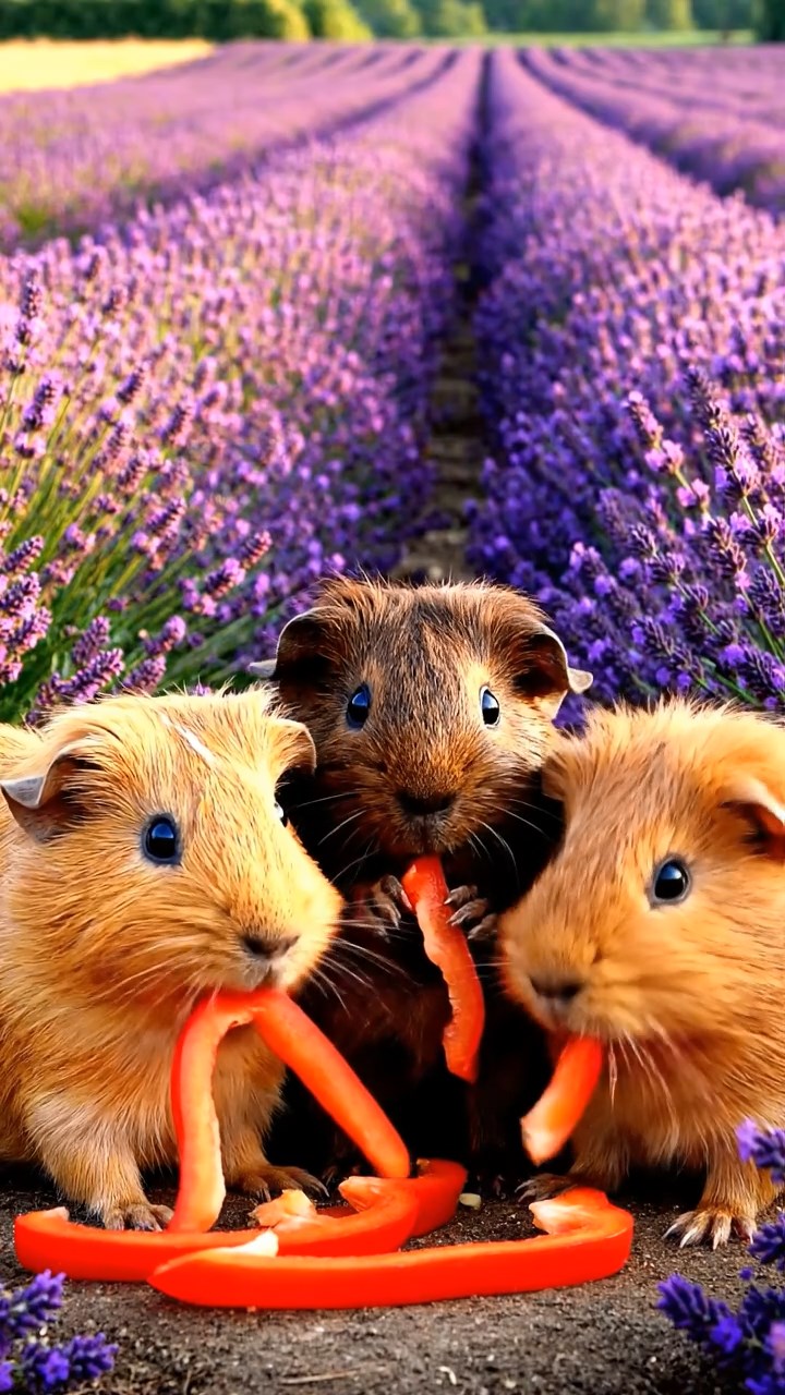 1712. Photorealistic scene of 3 smooth-haired Abyssinian guinea pigs featuring fawn, chocolate, and cinnamon coats, munching on bell pepper strips, in a vibrant lavender field with rows of purple blooms.