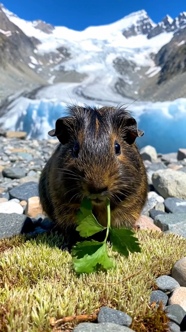 1713. Realistic photo of 1 smooth-haired Peruvian guinea pig with sable fur, eating fresh parsley, on a glacial moraine field with blue ice and distant peaks.