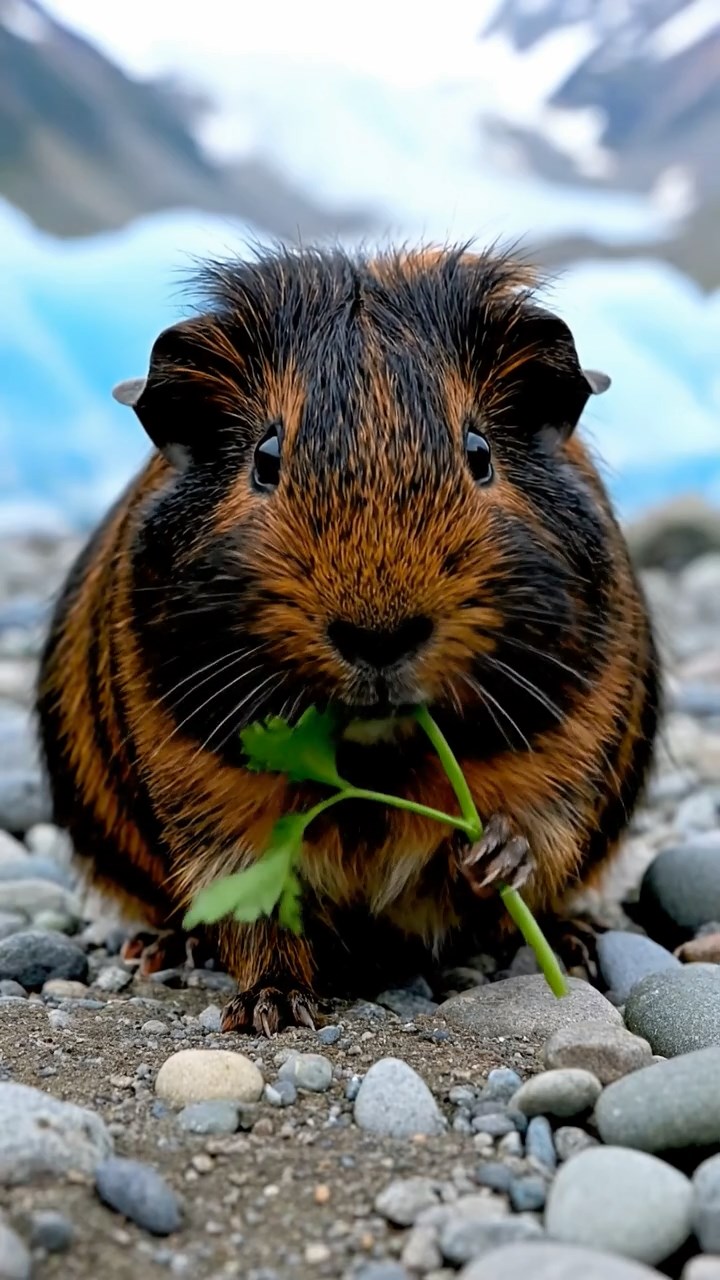 1713. Realistic photo of 1 smooth-haired Peruvian guinea pig with sable fur, eating fresh parsley, on a glacial moraine field with blue ice and distant peaks.