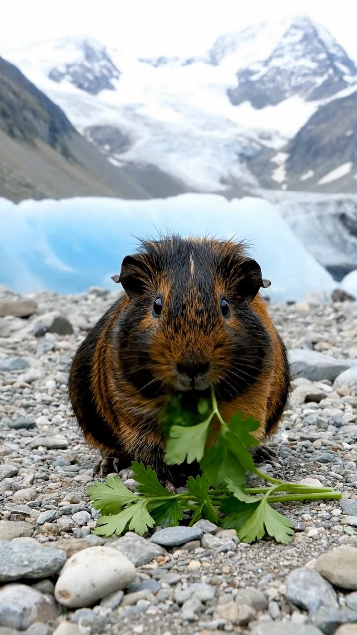 1713. Realistic photo of 1 smooth-haired Peruvian guinea pig with sable fur, eating fresh parsley, on a glacial moraine field with blue ice and distant peaks.