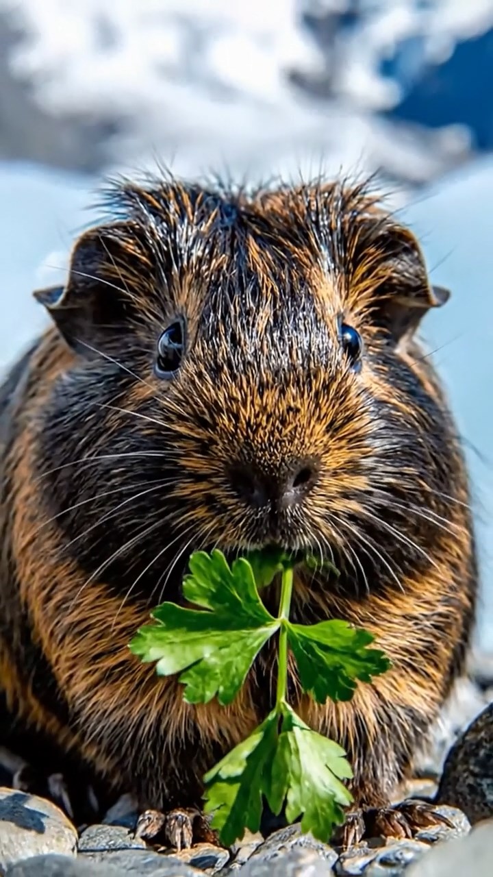 1713. Realistic photo of 1 smooth-haired Peruvian guinea pig with sable fur, eating fresh parsley, on a glacial moraine field with blue ice and distant peaks.