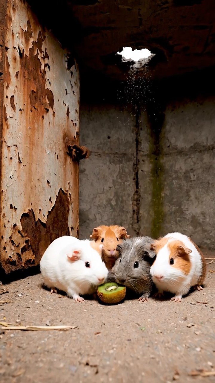 1714. Highly detailed view of 4 smooth-haired Silkie guinea pigs with white, orange, and gray fur, nibbling on kiwi fruit, in a derelict underground bunker with concrete and rusted doors.