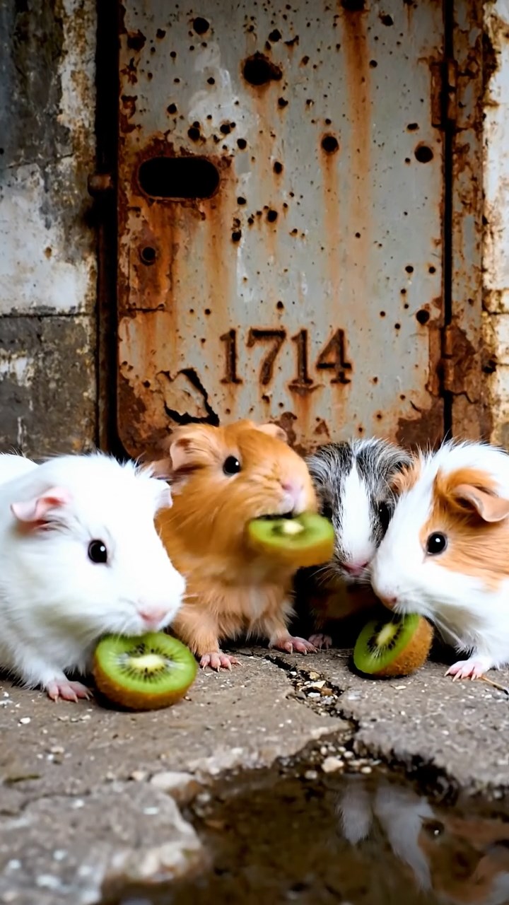 1714. Highly detailed view of 4 smooth-haired Silkie guinea pigs with white, orange, and gray fur, nibbling on kiwi fruit, in a derelict underground bunker with concrete and rusted doors.